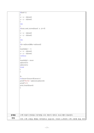 if(test!=1)
      {
      x = x - dx[next];
      y = y - dy[next];
      }
      else
      {
      if(num_next_moves(board, x, y)==0)
      {
      x = x - dx[next];
      y = y - dy[next];
      }
      else
      {
      if(x==ax[move]&&y==ay[move])
      {
      board[x][y] = -1;
      x = x - dx[next];
      y = y - dy[next];
      continue
      }
      board[x][y] = move;
      ax[move]=x;
      ay[move]=y;
      break
      }
      }


      }a
      for(move=0;move<90;move++)
      printf("%d,%d ",ax[move],ay[move]);
      printf("n");
      print_board(board);
      }




문제점   스택 사용이 안되었고 장기판을 모두 채우지 못하고 프로그램이 종료된다.
반성
      아직 스택 구현을 제대로 하지못하고 있습니다. 더욱더 노력하여 스택 구현에 힘을 써야




                                            - 7 -
 