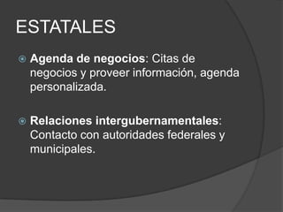 ESTATALESAgenda de negocios: Citas de negocios y proveer información, agenda personalizada. Relaciones intergubernamentales:  Contacto con autoridades federales y municipales. 