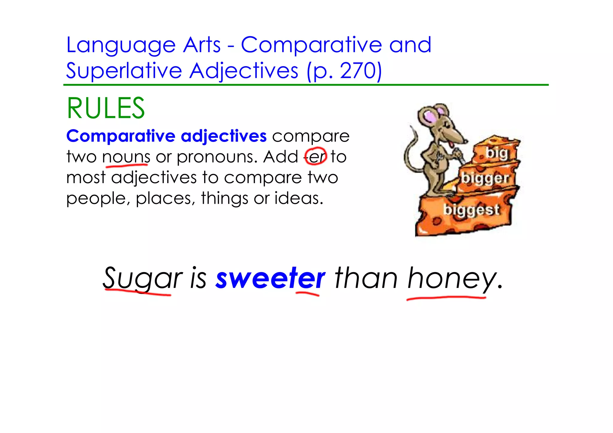 Language Arts ­ Comparative and
Superlative Adjectives (p. 270)
RULES
Comparative adjectives compare
two nouns or pronouns. Add ­er to
most adjectives to compare two
people, places, things or ideas.



    Sugar is sweeter than honey.
 