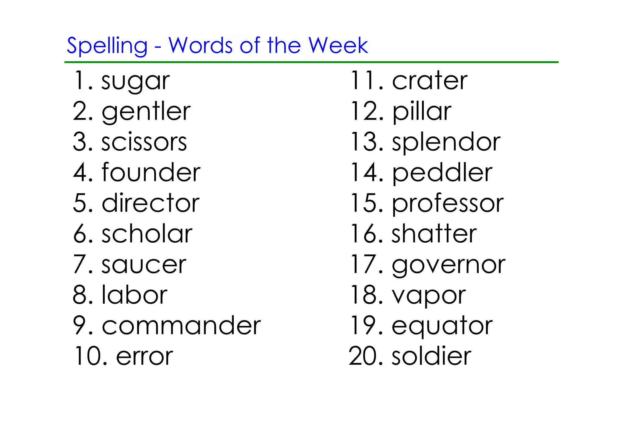 Spelling ­ Words of the Week
1. sugar                  11. crater
2. gentler                12. pillar
3. scissors               13. splendor
4. founder                14. peddler
5. director               15. professor
6. scholar                16. shatter
7. saucer                 17. governor
8. labor                  18. vapor
9. commander              19. equator
10. error                 20. soldier
 