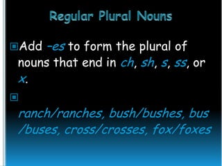 –es to form the plural of
nouns that end in ch, sh, s, ss, or
x.

Add



ranch/ranches, bush/bushes, bus
/buses, cross/crosses, fox/foxes

 