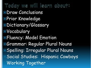 Draw Conclusions
Prior Knowledge

Dictionary/Glossary
Vocabulary

Fluency: Model Emotion

Grammar: Regular Plural Nouns
Spelling: Irregular Plural Nouns

Social Studies: Hispanic Cowboys
Working Together

 