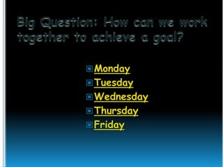  Monday
 Tuesday

 Wednesday
 Thursday
 Friday

 