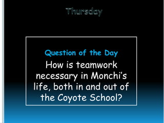 Question of the Day

How is teamwork
necessary in Monchi’s
life, both in and out of
the Coyote School?

 