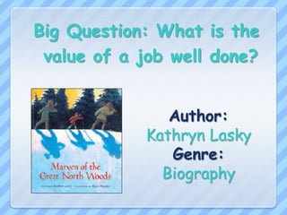 Big Question: What is the
value of a job well done?
Author:
Kathryn Lasky
Genre:
Biography

 