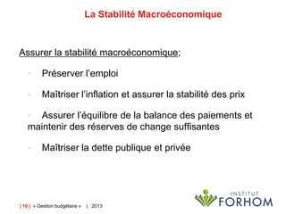 La Stabilité Macroéconomique

Assurer la stabilité macroéconomique;
•

Préserver l’emploi

•

Maîtriser l’inflation et ass...