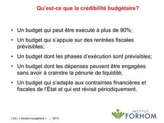 Qu’est-ce que la crédibilité budgétaire?

• Un budget qui peut être exécuté à plus de 90%;
• Un budget qui s’appuie sur de...