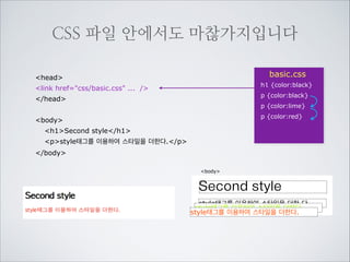 style안에서도 마찮가지고
head
style type=text/css
h1 {color:black}
p {color:yellow;}
p {color:red;}
/style
/head

동일한 방법으로 동일한 대상을 선택했을 경우	

위에서 아래의 순서로 처리하는 브라우저에 	

의해서 윗선언 후 재선언(override)하여 결국	

아래 선언만 적용됩니다.

!

body
h1Second style/h1
pstyle태그를 이용하여 스타일을 더한다./p
/body
body

Second style
style태그를 이용하여 스타일을 더한다.
style태그를 이용하여 스타일을 더한다.

 
