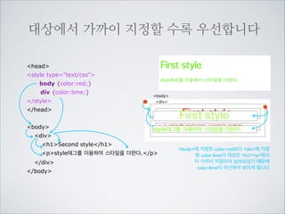 효과적으로 표현을 적용시키기 위하여
CSS는 상속을 이용합니다
head
style type=text/css
body {color:red;}
h1 {color:red;}
p {color:red;}
/style
/head

!

글씨크기, 줄간격, 글씨색, 서체등등의 속성은	

일일이 모든 태그에 적용시킬 필요없이 상속을
이용해서 적용시킬 수 있도록 되어있습니다

body
div

body
div

First style
style태그를 이용하여 스타일을 더한다.

h1Second style/h1
pstyle태그를 이용하여 스타일을 더한다./p
/div
/body

body에 적용한 글씨색 속성이 div를 거쳐	

h1p에 까지 각 각 상속되어 	

붉은색으로 되었습니다

 