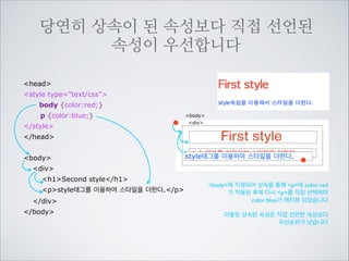대상에서 가까이 지정할 수록 우선합니다
head
style type=text/css
body {color:red;}
div {color:lime;}
/style

body
div

/head

First style
First style

!
body
div

style태그를 이용하여 스타일을 더한다.
style태그를 이용하여 스타일을 더한다.

h1Second style/h1
pstyle태그를 이용하여 스타일을 더한다./p
/div
/body

body에 지정한 color:red보다 div에 지정
한 color:lime이 대상인 h1p에서 	

더 가까이 지정되어 상속되었기 때문에
color:lime이 우선하여 보이게 됩니다

 