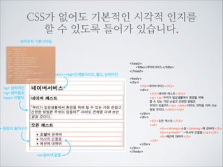사실, 브라우저는 기본적인 스타일을
자체적으로 가지고 있습니다.
브라우저 기본스타일
li
{ display: list-item }	

head
{ display: none }	

table { display: table }	

tr
{ display: table-row }	

thead { display: table-header-group }	

tbody { display: table-row-group }	

tfoot { display: table-footer-group }	

col
{ display: table-column }	

colgroup { display: table-column-group }	

td, th { display: table-cell }	

caption { display: table-caption }	

th
{ font-weight: bolder; text-align: center }	

caption { text-align: center }	

body
{ margin: 8px }	

h1
{ font-size: 2em; margin: .67em 0 }	

h2
{ font-size: 1.5em; margin: .75em 0 }

ul박스 왼쪽에 여백이 설정되고	

중점을 찍어 주었습니다
ul박스에 상하로 간격이 설정하였습니다

head
title네이버서비스/title
/head

!

body
ul
listrong소설/strong에 관하여/li
lia href=역사적 인물들/a/li
li패션에 대하여/li
/ul
/body

 