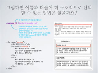 navercast라는 컨텐츠를 이루고 있는 세가지 박스이므로	

모두 cast라고 붙이고 “_”뒤로는 용도에 따라 menu, body,
setting이라고 이름을 주었습니다.

navercast

cast_menu
cast_body
cast_setting

game_hot
game_etc
game_more

현재 게임 카테고리 안에 있으므로 cast_body안
에는 들어갈 박스들에는 모두 game이라고 붙이
고 “_”뒤로는 컨텐츠 성격에 맞는 hot, etc, more
의 이름을 주었습니다.

div class=navercast
div class=cast_menu.../div
div class=cast_body
div class=game_hot.../div
div class=game_ect.../div
div class=game_more.../div
/div
div class=cast_setting.../div
/div

 