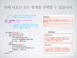 바로뒤에 붙어있는 형제를 선택할 수 있습니다.
castbox중에서 h2의 바로뒤에	

붙어있는 castbox를 선택하였습니다.
h2 + .castbox {border:2px solid red;}
.service  div + div {border:2px solid lime;}
service의 직계 자식들중에 div의 	

바로뒤에 붙어있는 div를 선택해서 	

보더를 선언하였습니다.
div class=service 
h2네이버서비스/h2
div class=castbox
h3네이버 캐스트/h3
p우리가 일상생활에서 환경을 위해
할 수 있는 ... 중략/p
/div
div class=castbox
h3오픈 캐스트/h3
p스티커의 디자인이 참 독특하다. 전
이 생산되는 ... 중략/p
/div
/div

네이버서비스
네이버 캐스트
우리가 일상생활에서 환경을 위해 할 수 있는 가
장 손쉽고 간편한 방법은 무엇이 있을까? 아마
도 전력을 아껴 쓰는 일일 것이다.
오픈 캐스트
스티커의 디자인이 참 독특하다. 전이 생산되는
과정을 보여주는 스티커, 전력 소비로 인한 환경
오염을 노골적으로 보여주는 스티커등 다양하다.

 