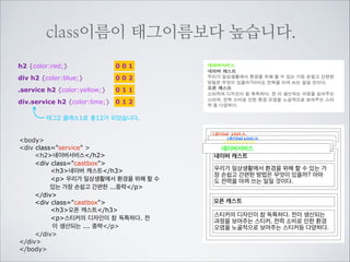 구체적으로 부를수록 순위가 올라갑니다.
h2 {font-size:16px;}

001

div h2 {font-size:24px;}

002

h1을 직접 부르는 것보다
div자손인 h1이라고 부르면
우선순위가 높습니다. 태그1개보다
2개를 이용해서 불렀기 때문입니다.
font-size:16px
body
font-size:24px
div class=service 
h2네이버서비스/h2
div class=castbox
h3네이버 캐스트/h3
p 우리가 일상생활에서 환경을 위해 할 수
있는 가장 손쉽고 간편한 ...중략/p
/div
div class=castbox
h3오픈 캐스트/h3
p스티커의 디자인이 참 독특하다. 전
이 생산되는 ... 중략/p
/div
/div
/body

네이버 서비스

네이버서비스

네이버 캐스트
우리가 일상생활에서 환경을 위해 할 수 있는 가
장 손쉽고 간편한 방법은 무엇이 있을까? 아마
도 전력을 아껴 쓰는 일일 것이다.
오픈 캐스트
스티커의 디자인이 참 독특하다. 전이 생산되는
과정을 보여주는 스티커, 전력 소비로 인한 환경
오염을 노골적으로 보여주는 스티커등 다양하다.

 