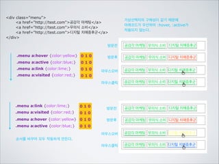 class이름과 :after(가상선택자)는 같습니다.
:first-child, :last-child, :before, :after, :hover, :active, :link, :visited

.castbox h3 {color:yellow;}

011

h3:first-child {color:lime;}

011

둘다 class1, 태그1로 총011이됩니
다. 하지만 아래줄이 우선하기 때문에
lime색이 되었습니다.
body
div class=service 
h2네이버서비스/h2
div class=castbox
h3네이버 캐스트/h3
p 우리가 일상생활에서 환경을 위해 할 수
있는 가장 손쉽고 간편한 ...중략/p
/div
div class=castbox
h3오픈 캐스트/h3
p스티커의 디자인이 참 독특하다. 전
이 생산되는 ... 중략/p
/div
/div
/body

네이버 서비스
네이버 캐스트
네이버캐스트
우리가 일상생활에서 환경을 위해 할 수 있는 가
장 손쉽고 간편한 방법은 무엇이 있을까? 아마
도 전력을 아껴 쓰는 일일 것이다.
오픈 캐스트
오픈 캐스트
스티커의 디자인이 참 독특하다. 전이 생산되는
과정을 보여주는 스티커, 전력 소비로 인한 환경
오염을 노골적으로 보여주는 스티커등 다양하다.

 