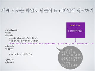둘째. head안에 style를 이용해서
!doctype
html
head
meta charset=utf-8 /
titlehello world!/title
style type=text/css
p {color:red;}
/style
/head
body
!
phello world!/p
!
/body
/html

해당 페이지내의
표현을 style안에
처리합니다.

 