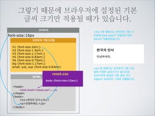 우리가 font-size를 지정하면 브라우저의
기본 설정값이나 기본스타일은 무시됩니다.
브라우저

font-size:16px
브라우저 기본스타일
h1 {font-size:2em;}
h2 {font-size:1.5em;}
h3 {font-size:1.17em;}
h5 {font-size:0.83em;}
h6 {font-size:0.75em;}
big {font-size:1.17em;}
small, sub, sup {font-size:0.83em}
… 중략
HTML

reset.css
body {font-size:12px;}
h1 {font-size:12px;}

head
link href=“reset.css” … /
/head
body
h1한국의 인사/h1
p안녕하세요./p
/body

h1에 대해서는 브라우저 기본 스
타일에 font-size가 지정되어 있어
2em이 적용되었습니다.

우리가 만들어 넣은 reset.css에
body에 12px로 선언되어 있으므
로 p로 12px이 상속됩니다.

 