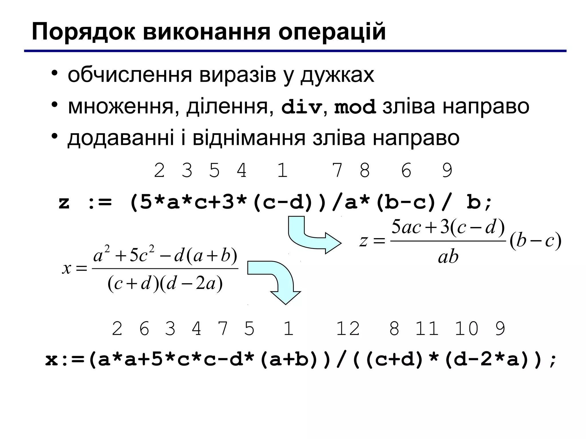 Порядок виконання операцій
• обчислення виразів у дужках
• множення, ділення, div, mod зліва направо
• додаванні і віднімання зліва направо
2 3 5 4 1
7 8 6 9
z := (5*a*c+3*(c-d))/a*(b-c)/ b;
a 2 + 5c 2 − d ( a + b)
x=
(c + d )(d − 2a )

5ac + 3(c − d )
z=
(b − c)
ab

2 6 3 4 7 5 1
12 8 11 10 9
x:=(a*a+5*c*c-d*(a+b))/((c+d)*(d-2*a));

 