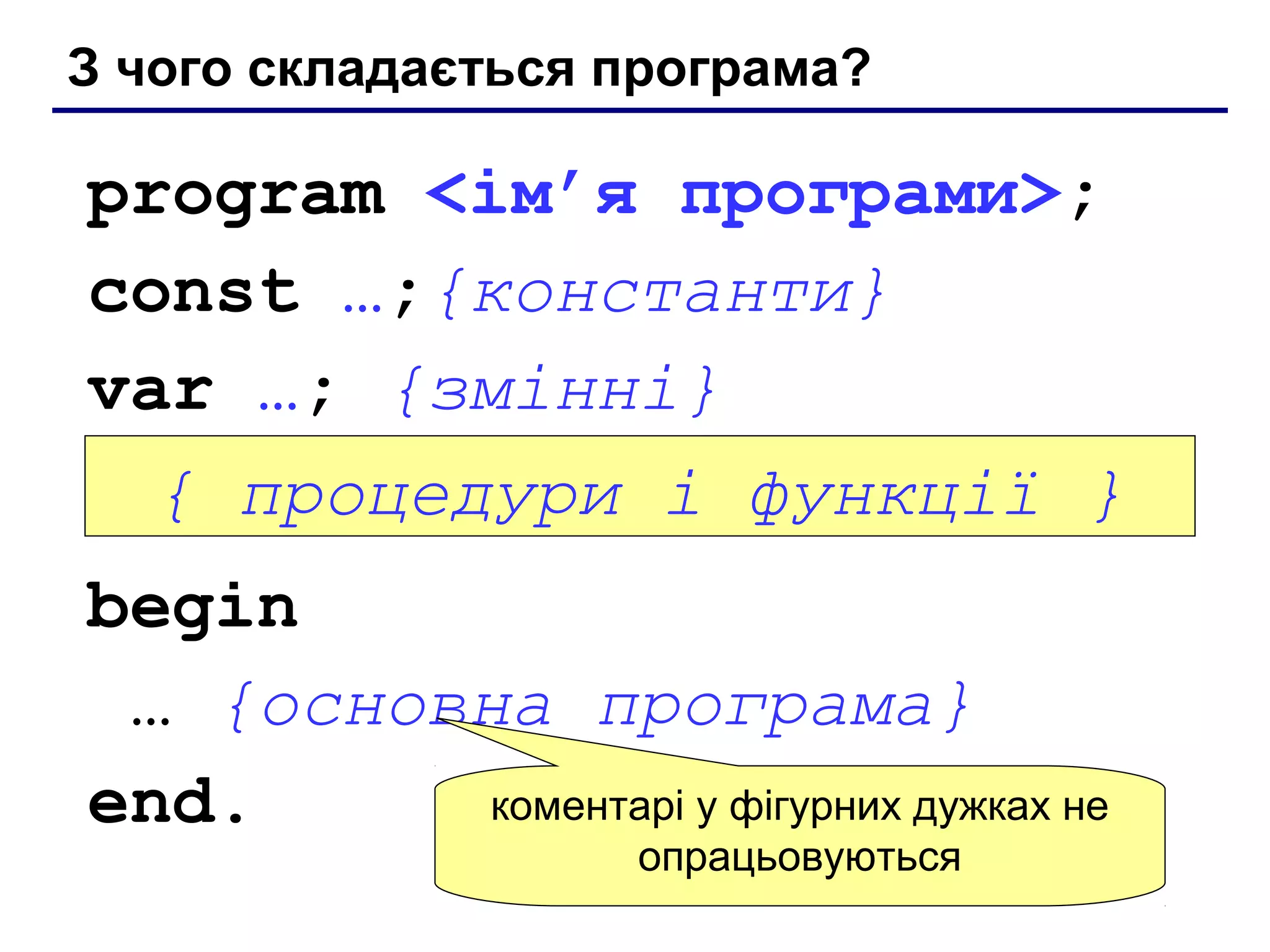 З чого складається програма?

program <ім’я програми>;
const …;{константи}
var …; {змінні}
{ процедури і функції }
begin
… {основна програма}
коментарі у фігурних дужках не
end.
опрацьовуються

 