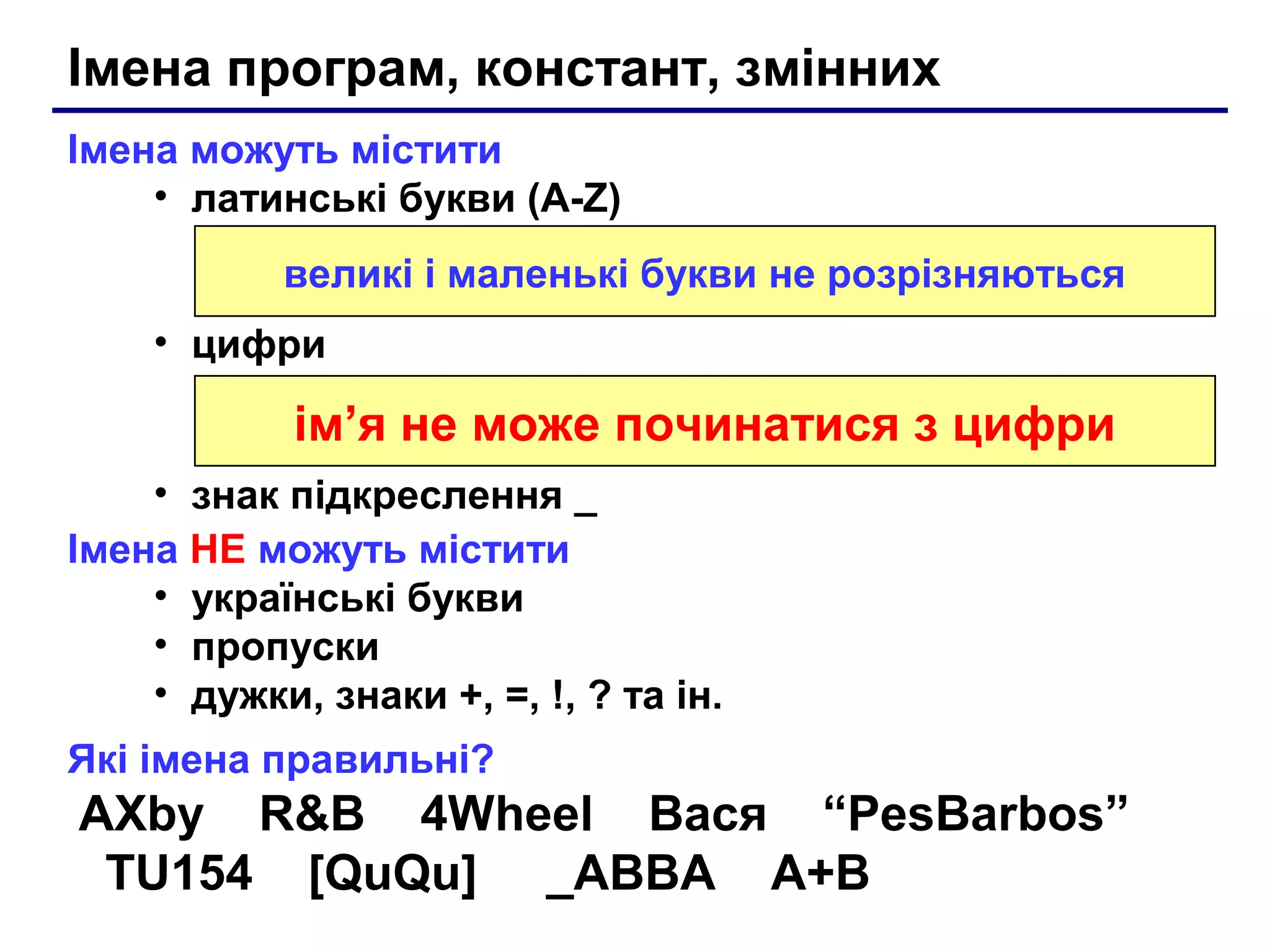 Імена програм, констант, змінних
Імена можуть містити
• латинські букви (A-Z)
великі і маленькі букви не розрізняються
• цифри

ім’я не може починатися з цифри
• знак підкреслення _
Імена НЕ можуть містити
• українські букви
• пропуски
• дужки, знаки +, =, !, ? та ін.
Які імена правильні?

AXby R&B 4Wheel Вася “PesBarbos”
TU154 [QuQu] _ABBA A+B

 