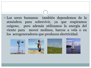  Los seres humanos

también dependemos de la
atmósfera para sobrevivir, ya que respiramos
oxígeno, pero además utilizamos la energía del
viento para mover molinos, barcos a vela o en
los aerogeneradores que producen electricidad.

 