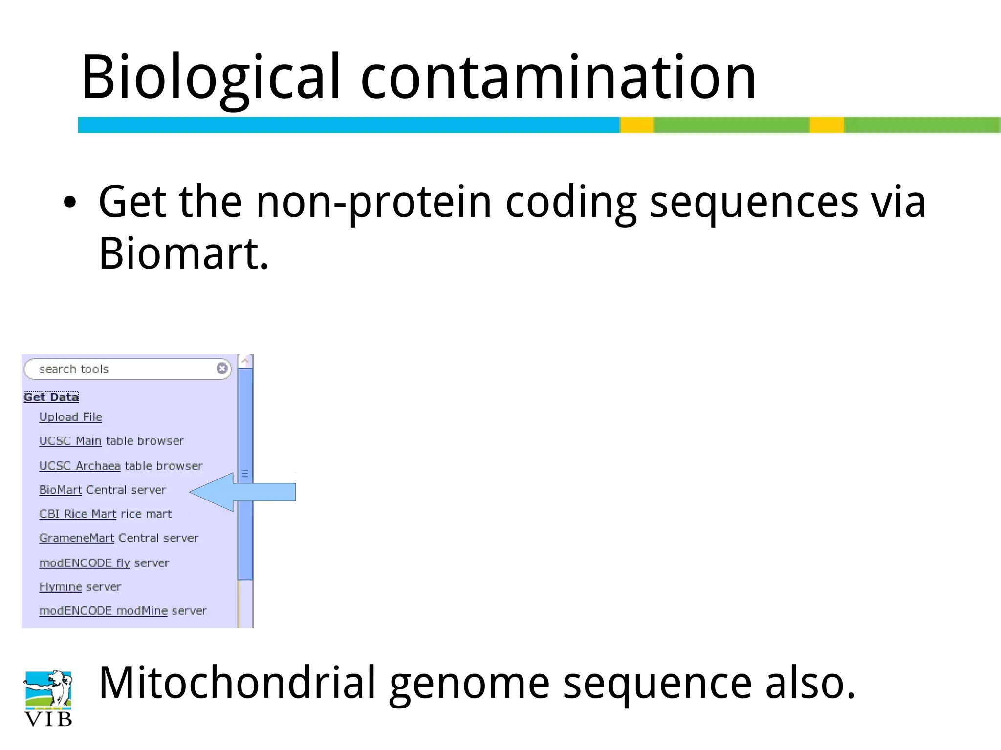 Biological contamination
●

Get the non-protein coding sequences via
Biomart.

Mitochondrial genome sequence also.

 