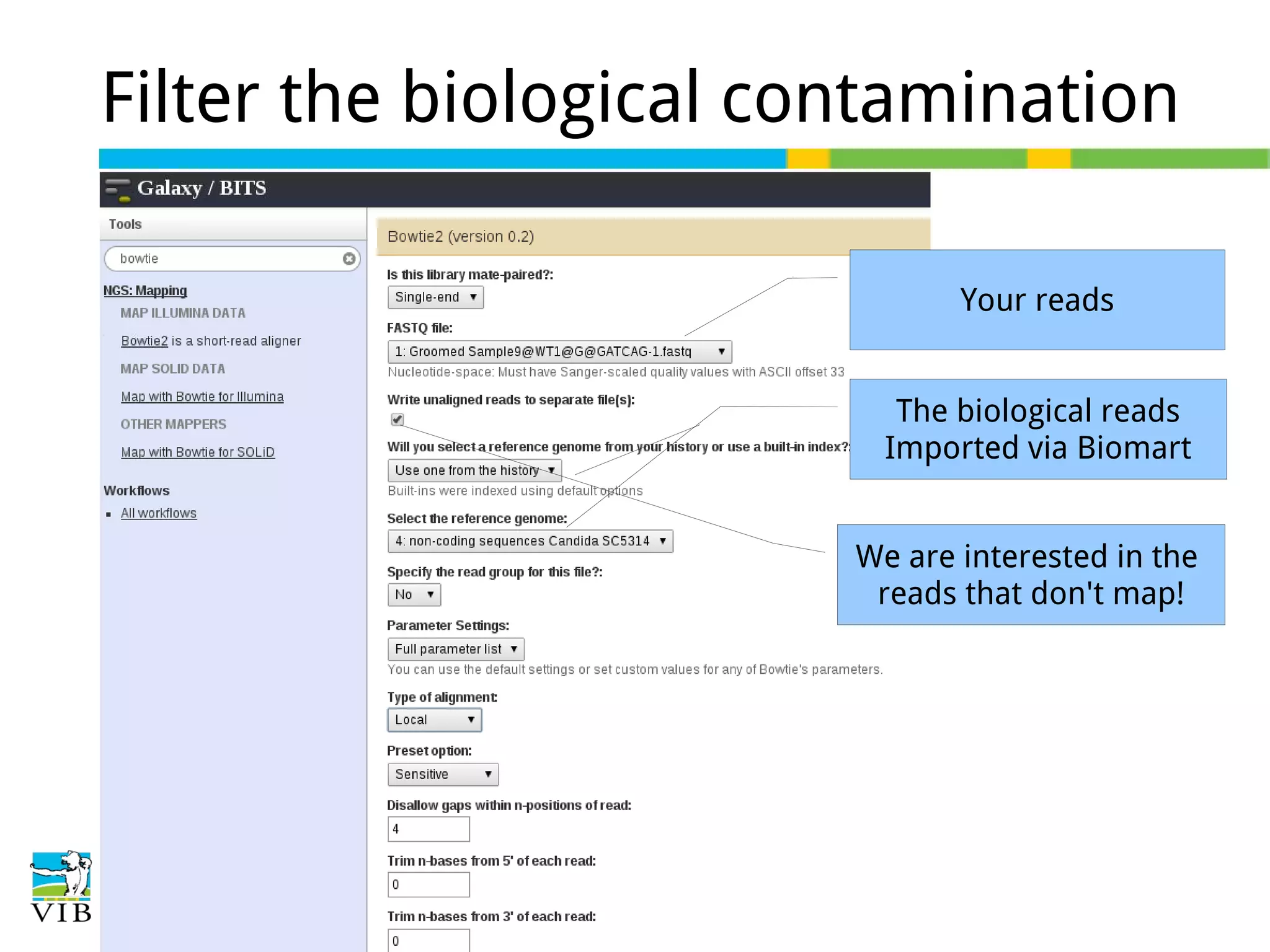 Filter the biological contamination
Your reads
The biological reads
Imported via Biomart
We are interested in the
reads that don't map!

 