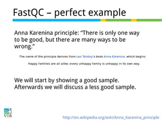 FastQC – perfect example
Anna Karenina principle: “There is only one way
to be good, but there are many ways to be
wrong.”

We will start by showing a good sample.
Afterwards we will discuss a less good sample.

http://en.wikipedia.org/wiki/Anna_Karenina_principle

 