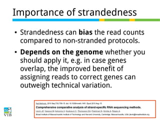 Importance of strandedness
●

●

Strandedness can bias the read counts
compared to non-stranded protocols.
Depends on the genome whether you
should apply it, e.g. in case genes
overlap, the improved benefit of
assigning reads to correct genes can
outweigh technical variation.

 