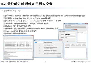 II-2. 공간데이터 생성 & 로딩 & 추출
 공간데이터 로딩 - nyc
① [시작메뉴] – [PostGIS 2.1 bundle for PostgreSQL 9.3 ] – [PostGIS Shapefile and DBF Loader Exporter] 을 실행
② [시작메뉴] – [OpenGeo Suite 3.0.2] – [pgShapeLoader]를 실행
③ [PostGIS Connection ] – [View connenction details] 선택 후 아래의 내용 입력
- Username : postgres / Password : postgis /Database : korea
④ [Options] - UTF-8 확인 후 [ok] 선택
⑤ [Add File] – [02_실습예제02_PostGISdatanyc] 폴더의 Shape 파일 추가
⑦ Import List [SRID] 컬럼 26918 로 변경 입력
⑧ [Import] 선택 Shape 파일 추가

국가공간정보 거점대학 오픈 소스 GIS 심화 과정

9

윤정환 (lenablue12@en-gis.com)

 