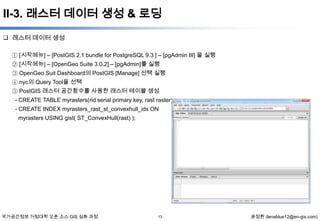 II-3. 래스터 데이터 생성 & 로딩
 레스터 데이터 생성
① [시작메뉴] – [PostGIS 2.1 bundle for PostgreSQL 9.3 ] – [pgAdmin III] 을 실행
② [시작메뉴] – [OpenGeo Suite 3.0.2] – [pgAdmin]를 실행
③ OpenGeo Suit Dashboard의 PostGIS [Manage] 선택 실행
④ nyc의 Query Tool을 선택
⑤ PostGIS 래스터 공간함수를 사용한 래스터 테이블 생성
- CREATE TABLE myrasters(rid serial primary key, rast raster);
- CREATE INDEX myrasters_rast_st_convexhull_idx ON
myrasters USING gist( ST_ConvexHull(rast) );

국가공간정보 거점대학 오픈 소스 GIS 심화 과정

13

윤정환 (lenablue12@en-gis.com)

 