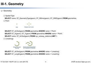 III-1. Geometry
 Geometry
③ Spatial Type
SELECT name, ST_GeometryType(geom), ST_NDims(geom), ST_SRID(geom) FROM geometries;
④ Point

SELECT ST_AsText(geom) FROM geometries WHERE name = 'Point';
SELECT ST_X(geom), ST_Y(geom) FROM geometries WHERE name = 'Point';
SELECT name, ST_AsText(geom) FROM nyc_subway_stations LIMIT 1;
⑤ Linestrings

SELECT ST_AsText(geom) FROM geometries WHERE name = 'Linestring';
SELECT ST_Length(geom) FROM geometries WHERE name = 'Linestring';

국가공간정보 거점대학 오픈 소스 GIS 심화 과정

16

윤정환 (lenablue12@en-gis.com)

 