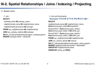 III-2. Spatial Relationships / Joins / Indexing / Projecting
 Spatial Joins
① Join

② Join and Summarize
‘Manhattan 지역의 총 인구수와 백인/흑인의 비율 ?

SELECT
subways.name AS subway_name,

SELECT

neighborhoods.name AS neighborhood_name,

neighborhoods.name AS neighborhood_name,
Sum(census.popn_total) AS population,

neighborhoods.boroname AS borough

Round(100.0 * Sum(census.popn_white) /
Sum(census.popn_total),1) AS white_pct,

FROM nyc_neighborhoods AS neighborhoods
JOIN nyc_subway_stations AS subways

Round(100.0 * Sum(census.popn_black) /
Sum(census.popn_total),1) AS black_pct

ON ST_Contains(neighborhoods.geom, subways.geom)
WHERE subways.name = 'Broad St';

FROM nyc_neighborhoods AS neighborhoods
JOIN nyc_census_blocks AS census

ON ST_Intersects(neighborhoods.geom, census.geom)
WHERE neighborhoods.boroname = 'Manhattan'
GROUP BY neighborhoods.name
ORDER BY white_pct DESC;

국가공간정보 거점대학 오픈 소스 GIS 심화 과정

26

윤정환 (lenablue12@en-gis.com)

 