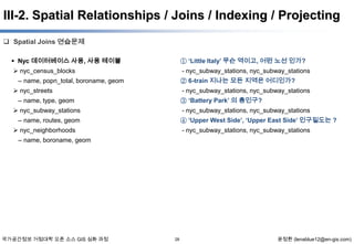 III-2. Spatial Relationships / Joins / Indexing / Projecting
 Spatial Joins 연습문제
 Nyc 데이터베이스 사용, 사용 테이블

① ‘Little Italy’ 무슨 역이고, 어떤 노선 인가?

 nyc_census_blocks

- nyc_subway_stations, nyc_subway_stations
② 6-train 지나는 모든 지역은 어디인가?

– name, popn_total, boroname, geom
 nyc_streets

- nyc_subway_stations, nyc_subway_stations
③ ‘Battery Park’ 의 총인구?

– name, type, geom
 nyc_subway_stations

- nyc_subway_stations, nyc_subway_stations
④ ‘Upper West Side’, ‘Upper East Side’ 인구밀도는 ?

– name, routes, geom
 nyc_neighborhoods

- nyc_subway_stations, nyc_subway_stations

– name, boroname, geom

국가공간정보 거점대학 오픈 소스 GIS 심화 과정

28

윤정환 (lenablue12@en-gis.com)

 