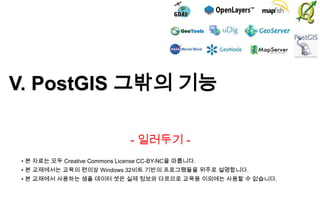 V. PostGIS 그밖의 기능
- 일러두기 • 본 자료는 모두 Creative Commons License CC-BY-NC을 따릅니다.
• 본 교재에서는 교육의 편의상 Windows 32비트 기반의 프로그램들을 위주로 설명합니다.

• 본 교재에서 사용하는 샘플 데이터 셋은 실제 정보와 다르므로 교육용 이외에는 사용할 수 없습니다.

 