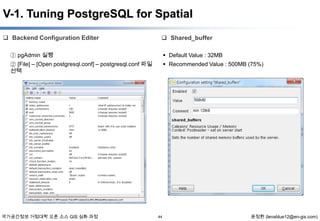 V-1. Tuning PostgreSQL for Spatial
 Backend Configuration Editer

 Shared_buffer

① pgAdmin 실행

 Default Value : 32MB

② [File] – [Open postgresql.conf] – postgresql.conf 파일
선택

 Recommended Value : 500MB (75%)

국가공간정보 거점대학 오픈 소스 GIS 심화 과정

44

윤정환 (lenablue12@en-gis.com)

 