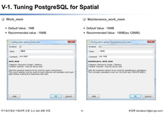 V-1. Tuning PostgreSQL for Spatial
 Work_mem

 Maintenance_work_mem

 Default Value : 1MB

 Default Value : 16MB

 Recommended value : 16MB

 Recommended Value : 16MB(ex.128MB)

국가공간정보 거점대학 오픈 소스 GIS 심화 과정

45

윤정환 (lenablue12@en-gis.com)

 