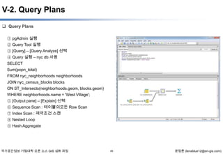 V-2. Query Plans
 Query Plans
① pgAdmin 실행
② Query Tool 실행
③ [Query] – [Query Analyze] 선택
④ Query 실행 – nyc db 사용
SELECT
Sum(popn_total)
FROM nyc_neighborhoods neighborhoods
JOIN nyc_census_blocks blocks
ON ST_Intersects(neighborhoods.geom, blocks.geom)
WHERE neighborhoods.name = 'West Village';
⑤ [Output pane] – [Explain] 선택
⑥ Sequence Scan : 테이블의모든 Row Scan
⑦ Index Scan : 제약조건 스캔
⑧ Nested Loop
⑨ Hash Aggregate

국가공간정보 거점대학 오픈 소스 GIS 심화 과정

49

윤정환 (lenablue12@en-gis.com)

 