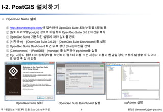 I-2. PostGIS 설치하기
 OpenGeo Suite 설치
① http://boundlessgeo.com/에 접속하여 OpenGeo Suite 최신버전을 내려받음
② [설치프로그램postgis] 경로로 이동하여 OpenGeo Suite 3.0.2 버전을 복사
③ OpenGeo Suite 기본적인 설정에 따라 설치를 완료
④ [시작메뉴] – [OpenGeo Suite 3.0.2] – [OpenGeo Suite Dashboard] 를 실행
⑤ OpenGeo Suite Dashboard 화면 우측 상단 [Start] 버튼을 선택
⑥ [Components] – [PostGIS] – [manage] 를 선택하여 pgAdmin을 실행
⑦ Tip : 사용자 컴퓨터의 등록정보를 확인하여 컴퓨터 이름 또는 사용자 이름이 한글일 경우 오류가 발생할 수 있으므
로 변경 후 설치 권장

OpenGeo Suite 설치
국가공간정보 거점대학 오픈 소스 GIS 심화 과정

OpenGeo Suite Dashboard 실행
3

pgAdmin 실행
윤정환 (lenablue12@en-gis.com)

 