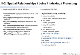 III-2. Spatial Relationships / Joins / Indexing / Projecting
 Projecting 연습문제 사용할 공간함수

 Projecting 연습문제
 Nyc 데이터베이스 사용, 사용 테이블

 sum(expression) aggregate to return a sum for a set
of records

 nyc_census_blocks

 ST_Length(linestring) returns the length of the
linestring

– name, popn_total, boroname, geom
 nyc_streets

 ST_SRID(geometry, srid) returns the SRID of the
geometry

– name, type, geom

 ST_Transform(geometry, srid) converts geometries
into different spatial reference systems

 nyc_subway_stations

 ST_GeomFromText(text) returns geometry

 nyc_neighborhoods

– name, geom

 ST_AsText(geometry) returns WKT text

– name, boroname, geom

 ST_AsGML(geometry) returns GML text

① 뉴욕시 모든 도로 길이는 ?
- nyc_streets
② SRID 2831로 변환된 뉴욕시 모든 도로 길이는?
- nyc_streets
③ ‘Broad St’ subway station을 KML 표시 ?
- nyc_subway_stations

국가공간정보 거점대학 오픈 소스 GIS 심화 과정

30

윤정환 (lenablue12@en-gis.com)

 