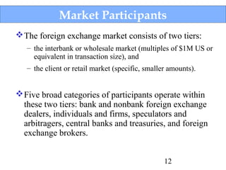 Market Participants
 The foreign exchange market consists of two tiers:
– the interbank or wholesale market (multiples of $1M US or
equivalent in transaction size), and
– the client or retail market (specific, smaller amounts).

 Five broad categories of participants operate within
these two tiers: bank and nonbank foreign exchange
dealers, individuals and firms, speculators and
arbitragers, central banks and treasuries, and foreign
exchange brokers.
12

 