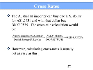 Cross Rates
 The Australian importer can buy one U.S. dollar
for A$1.5431 and with that dollar buy
DKr7.0575. The cross-rate calculation would
be:
Australian dollar/U.S. dollar A$1.5431/US$
=
= 0.2186 A$/DKr
Danish kroner/U.S. dollar
DKr7.0575/US$

 However, calculating cross-rates is usually
not as easy as this!

27

 