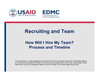 Recruiting and Team
How Will I Hire My Team?
Process and Timeline

This presentation is made possible by the support of the American People through the United States Agency
for International Development (USAID). The contents of this presentation are the sole responsibility of Rick
Rasmussen and do not necessarily reflect the views of USAID or the United States Government.

 