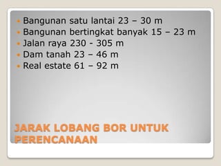 





Bangunan satu lantai 23 – 30 m
Bangunan bertingkat banyak 15 – 23 m
Jalan raya 230 - 305 m
Dam tanah 23 – 46 m
Real estate 61 – 92 m

JARAK LOBANG BOR UNTUK
PERENCANAAN

 