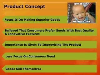Product Concept
Focus Is On Making Superior Goods

Believed That Consumers Prefer Goods With Best Quality
& Innovative Fea...