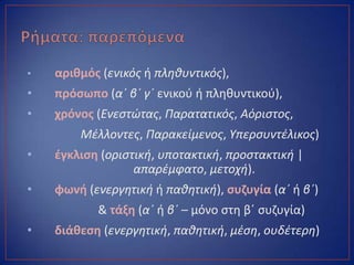 • αρικμόσ (ενικόσ ι πληθυντικόσ),
• πρόςωπο (α΄ β΄ γ΄ ενικοφ ι πλθκυντικοφ),
• χρόνοσ (Ενεςτώτασ, Παρατατικόσ, Αόριςτοσ,
Μζλλοντεσ, Παρακείμενοσ, Υπερςυντζλικοσ)
• ζγκλιςθ (οριςτική, υποτακτική, προςτακτική |
απαρζμφατο, μετοχή).
• φωνι (ενεργητική ι παθητική), ςυηυγία (α΄ ι β΄)
& τάξθ (α΄ ι β΄ – μόνο ςτθ βϋ ςυηυγία)
• διάκεςθ (ενεργητική, παθητική, μζςη, ουδζτερη)
 