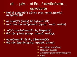 αἱ … μέν… αἱ δε…/ πενθοῦνται…
υμνοῦνται



Καί αἱ μνῆμαι(Υ) αὐτων (γεν. αντικ.)(εισίν)
ἀγήρατοι (Κ)



αἱ τιμαί(Υ) (εισίν) δέ ζηλωταί (Κ)
ὑπό πάντων ἀνθρώπων (εμπρ. ποιητ. αιτίου)







οἵ(Υ) πενθοῦνται(Ρ) ὡς θνητοί(Κ)
διά τήν φύσιν (εμπρ. προσδ. αιτίας),
ὑμνοῦνται(Ρ) δέ ὡς ἀθάνατοι(Κ)
διά τήν ἀρετήν(εμπρ. προσδ. αιτίας)





Δυο κύριες προτάσεις
Παθητική σύνταξη
Συνδετικό ρήμα/ κατηγορούμενο
αιτία

 
