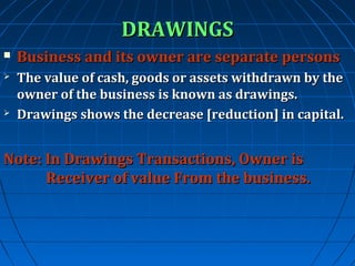 DRAWINGS


Business and its owner are separate persons



The value of cash, goods or assets withdrawn by the
owner of the business is known as drawings.
Drawings shows the decrease [reduction] in capital.



Note: In Drawings Transactions, Owner is
Receiver of value From the business.

 