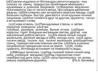 (16)Совсем недалеко от Ихтиандра светится медуза - она
похожа на лампу, прикрытую затейливым абажуром с
кружевами и длинной бахромой. (17)Бахрома медленно
покачивается, как от легкого ветра, при каждом движении
медузы. (18)На отмелях уже загорелись морские звезды. (19)В
больших глубинах быстро двигаются огни крупных ночных
хищников. (20)Они гоняются друг за другом, кружатся, гаснут
и вспыхивают снова.
(21)Снова отмель. (22)Причудливые стволы и ветви
кораллов освещены изнутри
голубым, розовым, зеленым, белым огнем. (23)Одни
кораллы горят бледным мигающим светом, другие - как
накаленный добела металл. (24)На земле ночью только
маленькие, далекие звезды в небе, иногда луна. (25)А здесь
тысячи звезд, тысячи лун, тысячи маленьких разноцветных
солнц, горящих мягким нежным светом. (26)Ночь в океане
несравненно прекраснее ночи на земле. (27)И, чтобы
сравнить, Ихтиандр всплывает на поверхность воды.
(28)Воздух потеплел. (29)Над головой темно-синий свод
неба, усеянный звездами.(30)Над горизонтом стоит
серебристый диск луны. (31)От луны протянулась по всему
океану серебряная дорожка.
(По А. Беляеву)

 