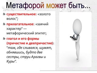 существительное: «золото
волос";
прилагательное: «заячий
характер" —
метафорический эпитет;
глагол и его формы
(причастие и деепричастие):
"там, где сливаяся, шумят,
обнявшись, будто две
сестры, струи Арагвы и
Куры".

 